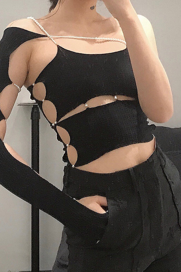 Rui Zhou R009 series horizontal cut pearl chain tube top skin-friendly stretch handmade RUI-R009-AW20-HEI black